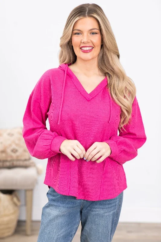 Hot Pink V-Neck Hoodie Knit Top