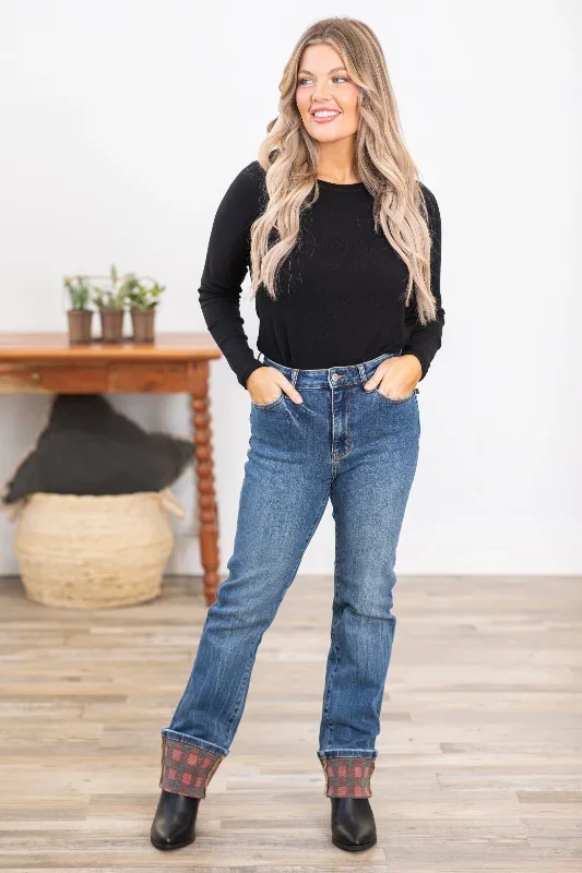 judy-blue-plaid-print-cuff-straight-leg-jeans