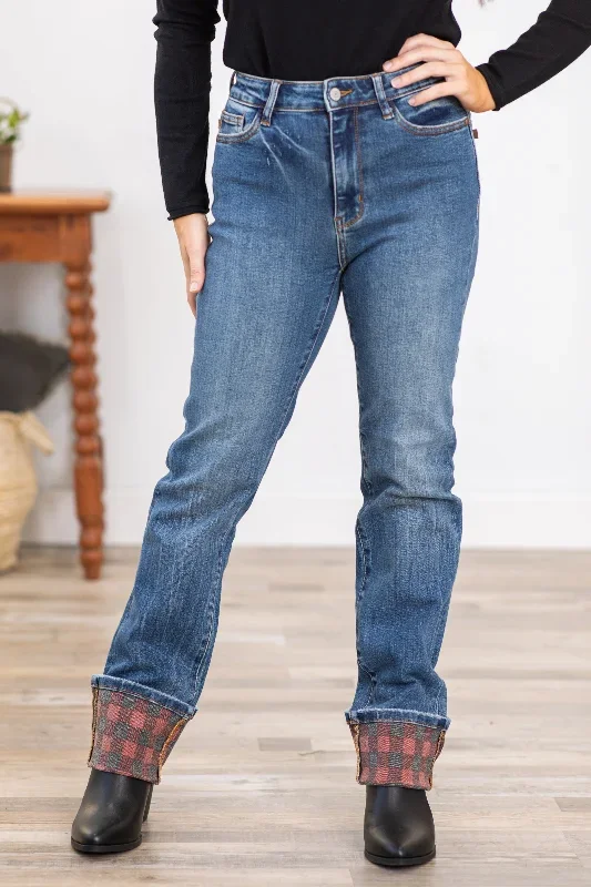 judy-blue-plaid-print-cuff-straight-leg-jeans