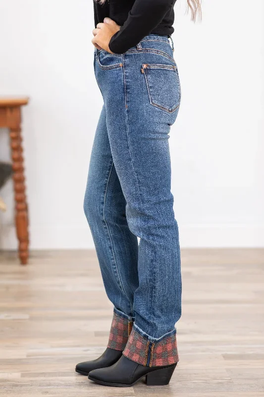 judy-blue-plaid-print-cuff-straight-leg-jeans