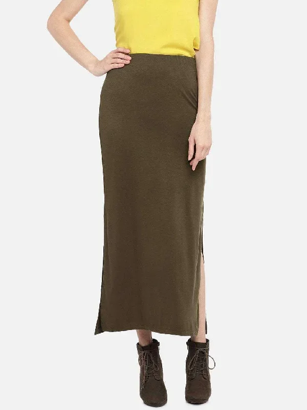 Womens Olive Viscose Elastane Skirt