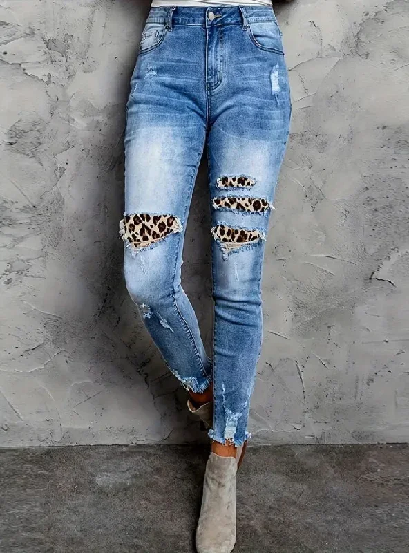 Leopard-print Holes and Raw Edges Tassels Jeans