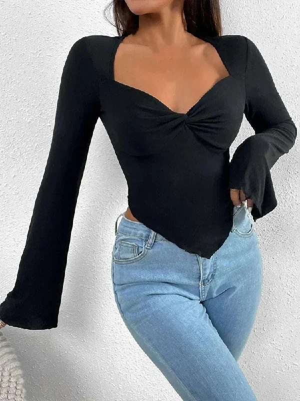 long-flare-sleeve-v-neck-low-cut-for-women-front-ruched-criss-cross-solid-slim-fit-irregular-hem-tee