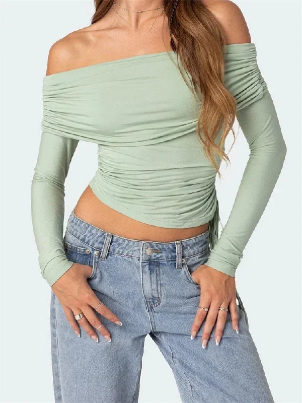 FashionSierra - Long Sleeve Side Drawstring Off-Shoulder Casual Pullovers Clubwear Aesthetic Basic Tee