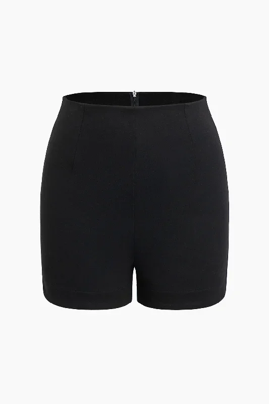 Basic Solid Slim Fit Zipper Shorts