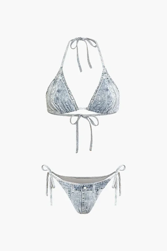 Denim Pattern Halter Tie Bikini Set