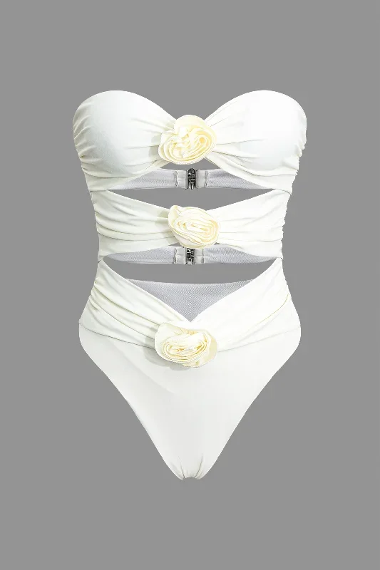 Tummy Control 3D Flower Cut Out Buckle Strapless One-Piece Swimsuit