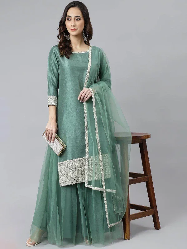 Mint Green Chinon Solid Kurta with Skirt and Dupatta