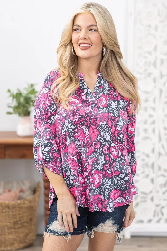 Neon Pink Floral Wrinkle Free Lizzy Top