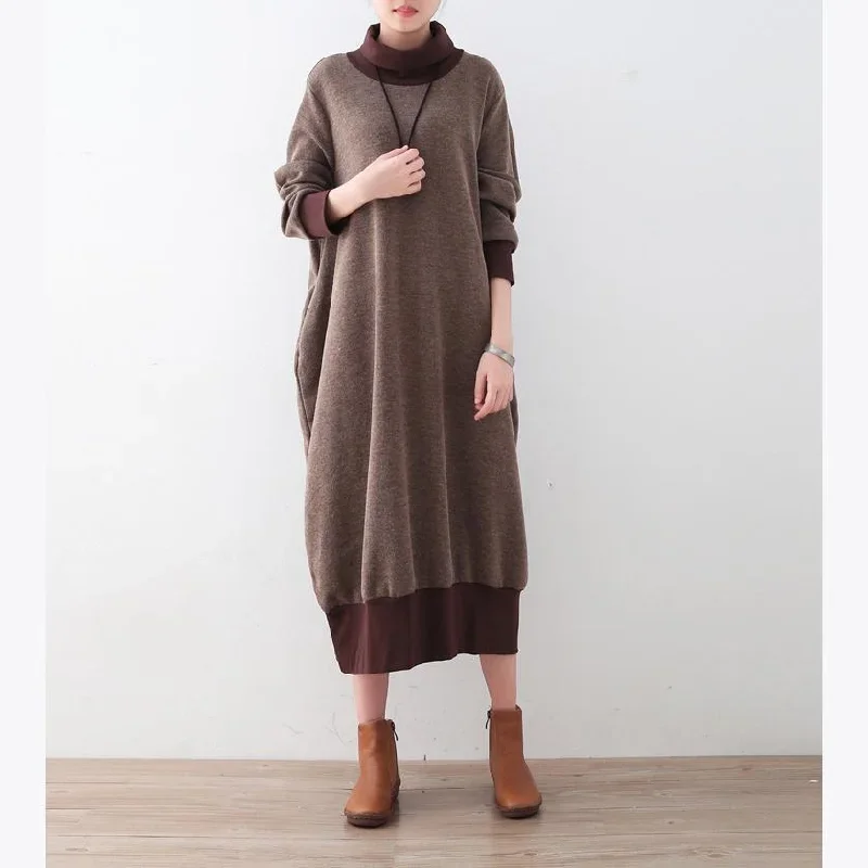 new-brown-knit-dress-fall-fashion-fall-dresses-2017-patchwork-pullover-high-neck