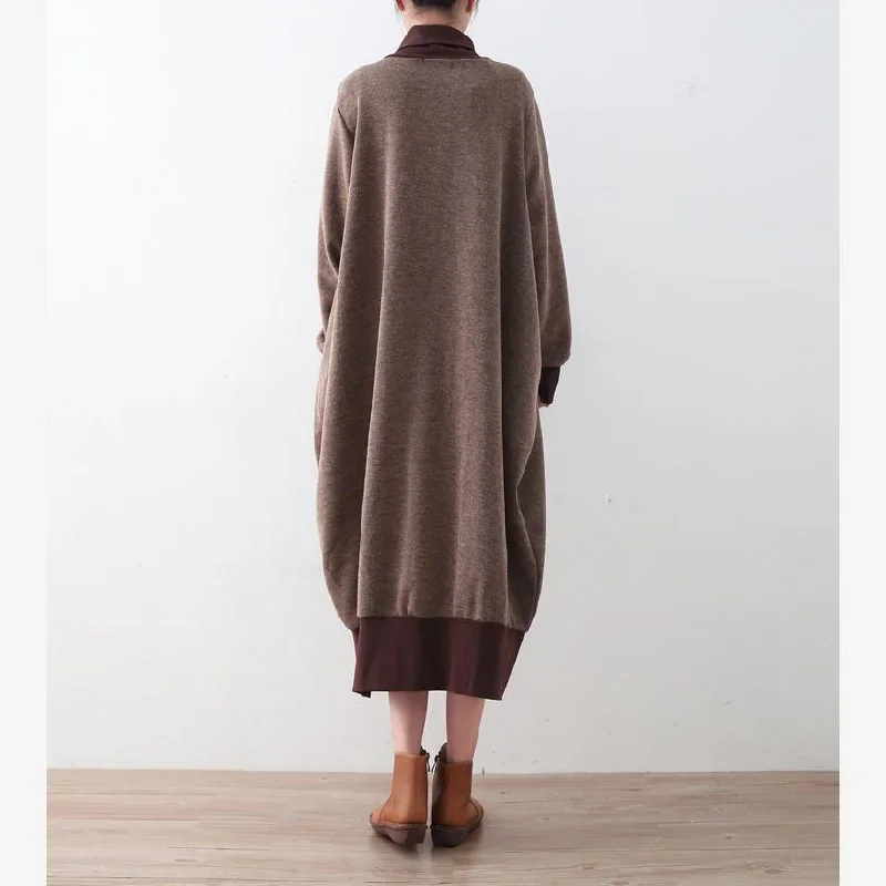 new-brown-knit-dress-fall-fashion-fall-dresses-2017-patchwork-pullover-high-neck