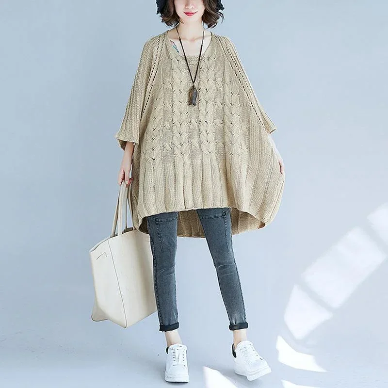 Oversized bracelet sleeved knitted top plus size hollow out knit tops khaki