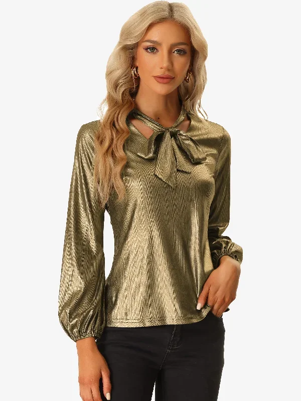 Metallic Shiny Blouse Tie Neck Party Long Sleeve Shirt