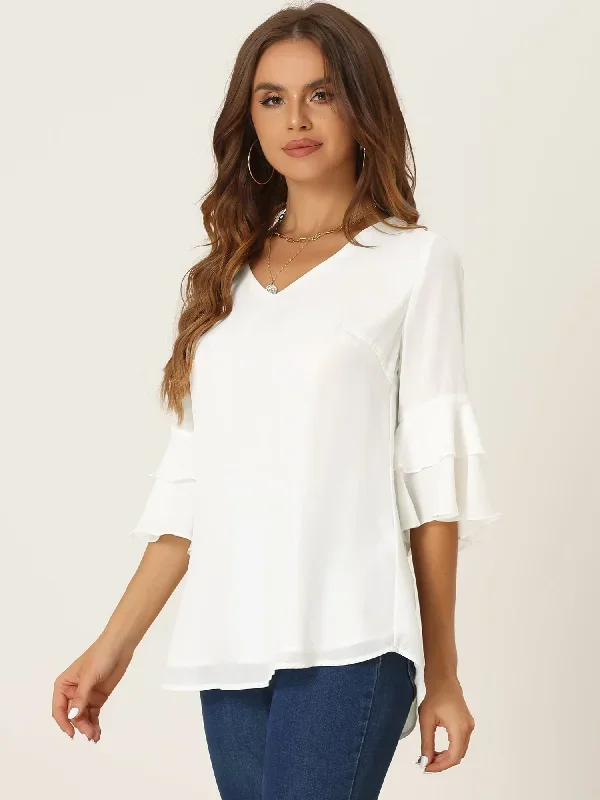 Casual V Neck Ruffle Tiered Bell Sleeve Loose Tunic Blouse