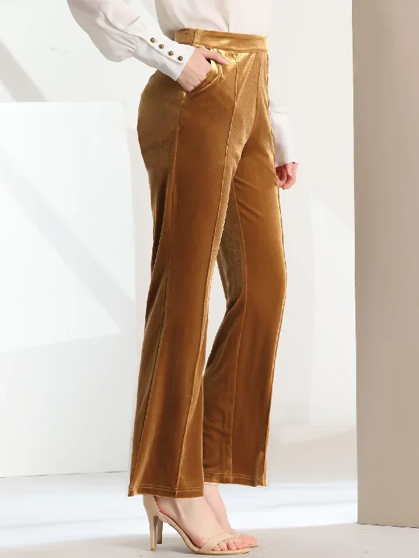 Velvet Pockets Elegant High Waist Flare Leg Work Pants