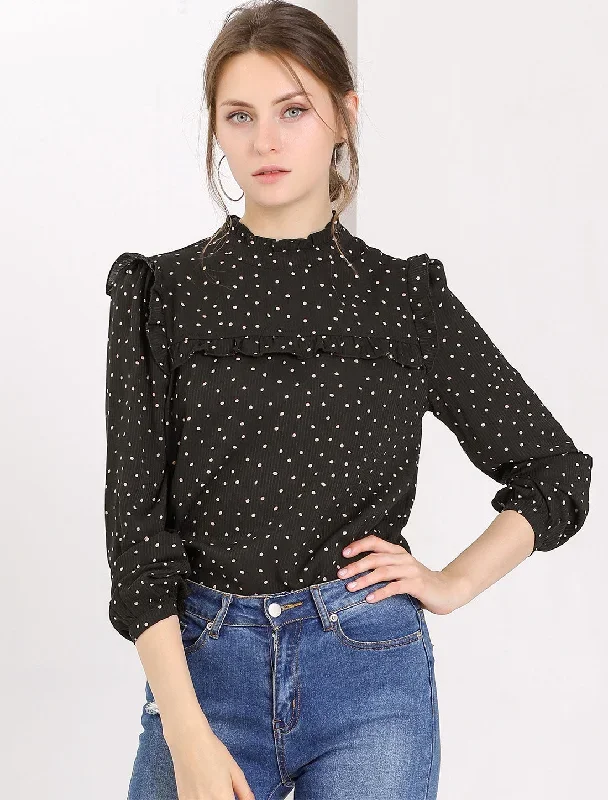 Vintage Ruffle Stand Collar Long Sleeve Polka Dots Blouse