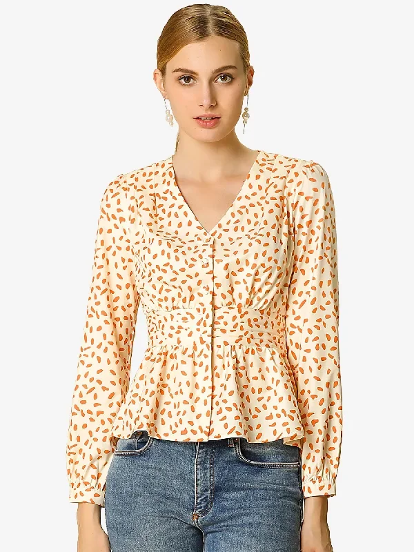 Elegant V Neck Dots Print Smocked Ruffled Hem Button Peplum Blouse