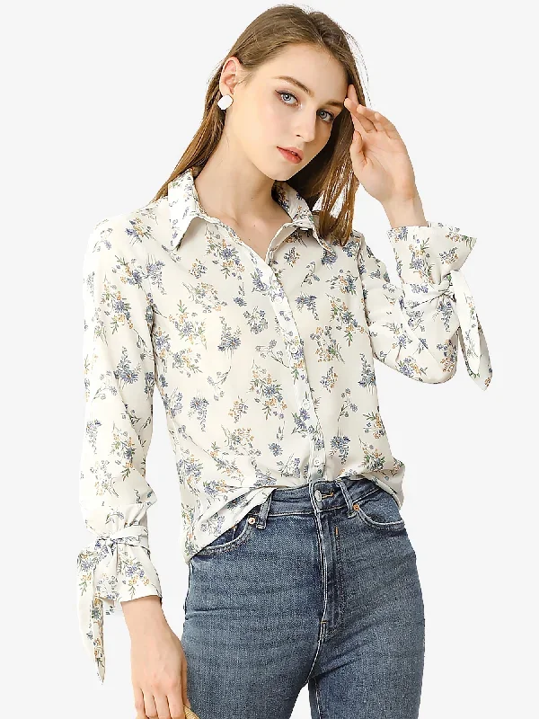 Button Down Floral Shirt Long Sleeve Point Collar Top