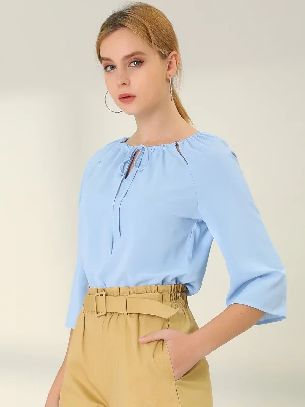 3/4 Sleeve Chiffon Cut Out Self-Tie Neck Bell Sleeve Blouse