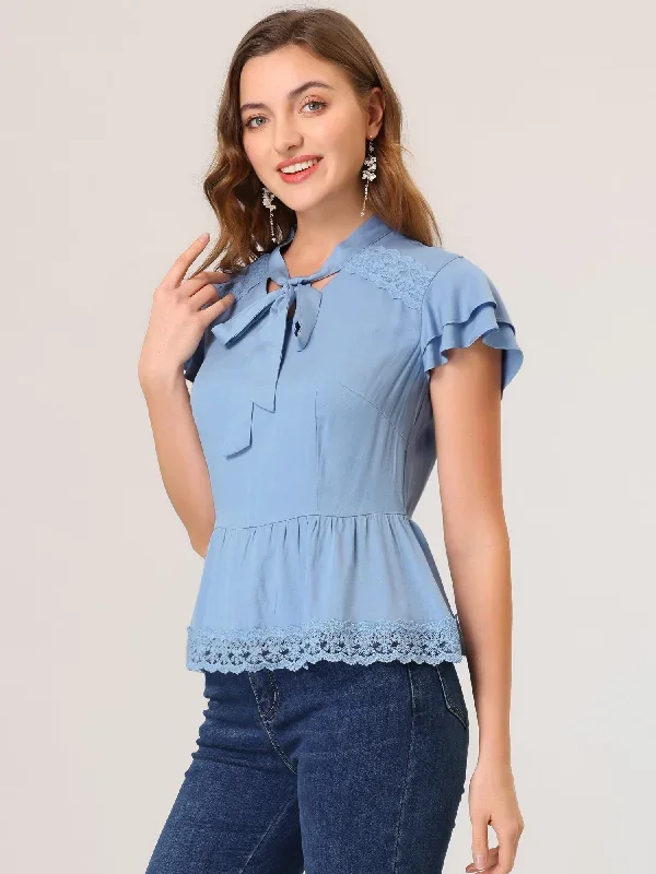 Cotton Flutter Sleeve Casual Cute Lace Trim Bow Tie Neck Peplum Tops