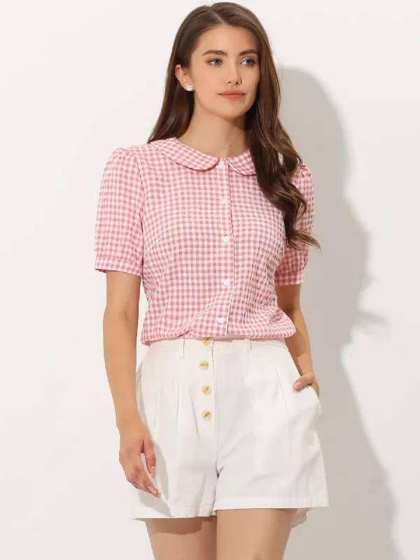 Plaid Puff Short Sleeve Gingham Peter Pan Collar Button Down Shirt