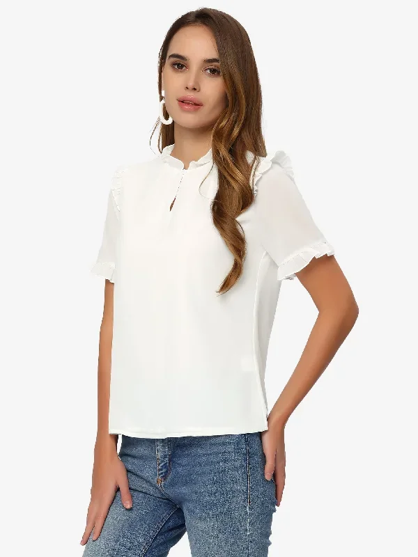 Short Sleeve Chiffon Ruffle Ruffle Neck Business Casual Blouse