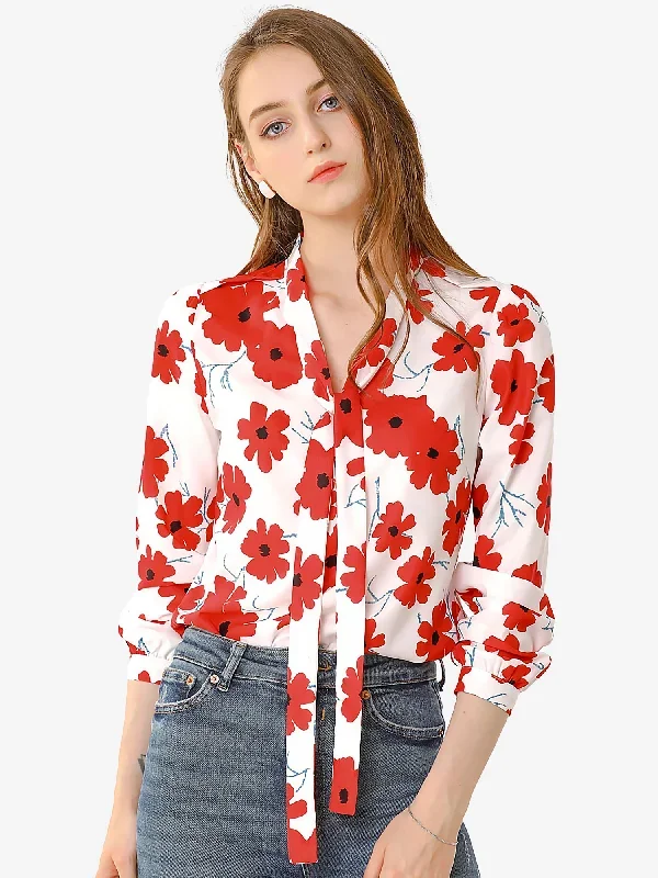 Floral Self Tie Neck Sweet Cute Puff Long Sleeve Blouse