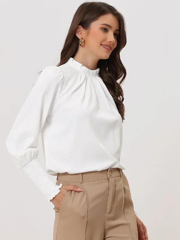 Chiffon Ruffle Collar Frill Trim Solid Color Long Sleeve Blouse