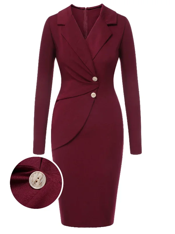 Purplish Red 1940s Solid Long Sleeved Lapel Dress