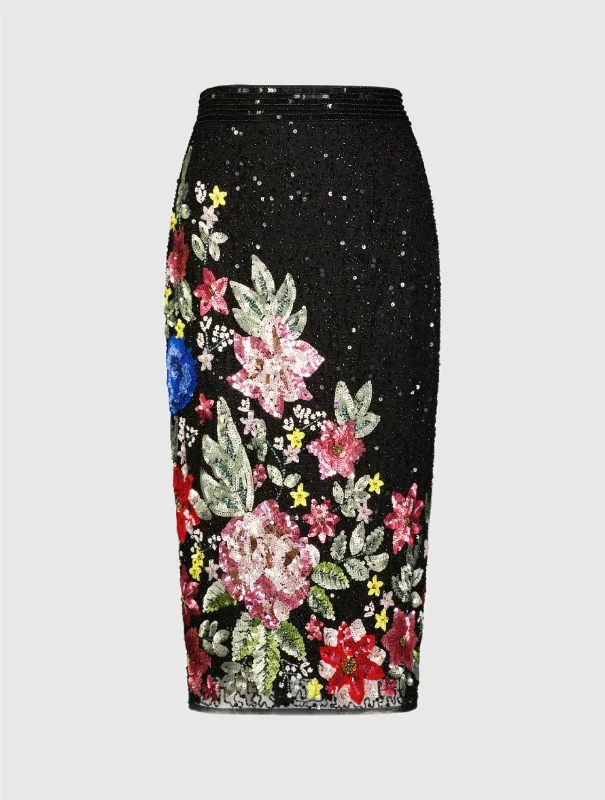 Floral Sequin Embellished Knee Length Column Skirt