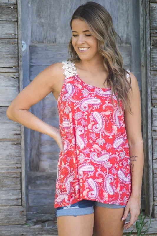 Red Multicolor Paisley Crochet Strap Tank