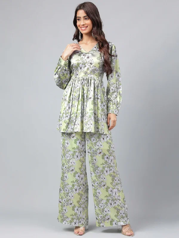 Sage Green Satin Digital Floral Printed Co-ords Set