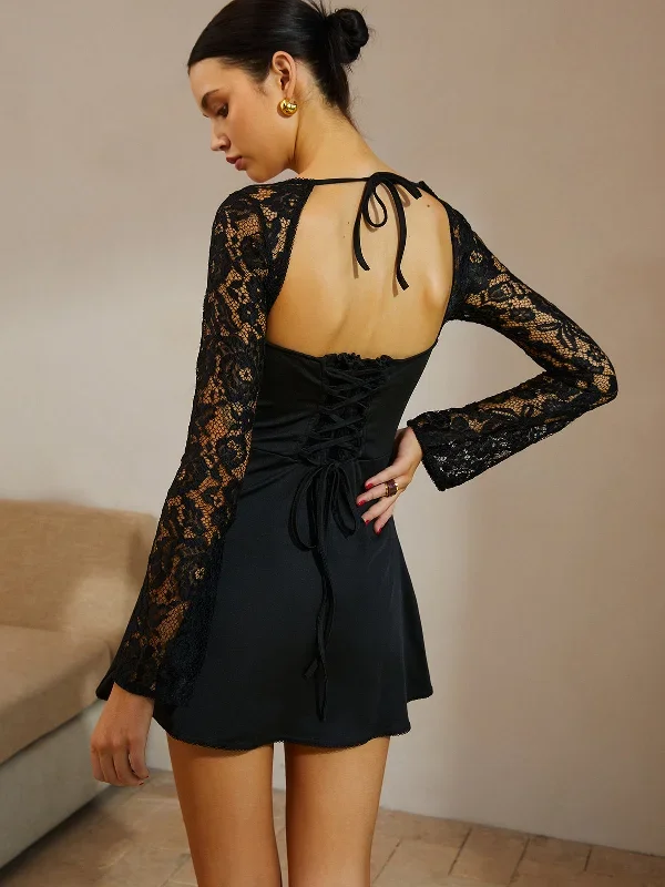 square-neck-lace-sleeve-short-dress