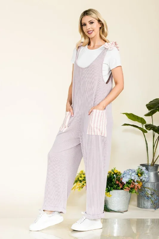 Sunset and Swim  Celeste Plus Size Stripe Contrast Pocket Rib Jumpsuit