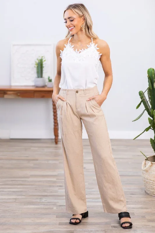 Tan Wide Leg Trouser Pants