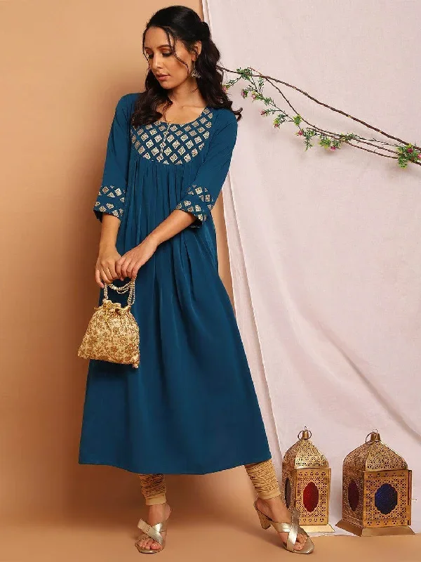 Teal Poly Crepe Ethnic Motifs Straight Kurta