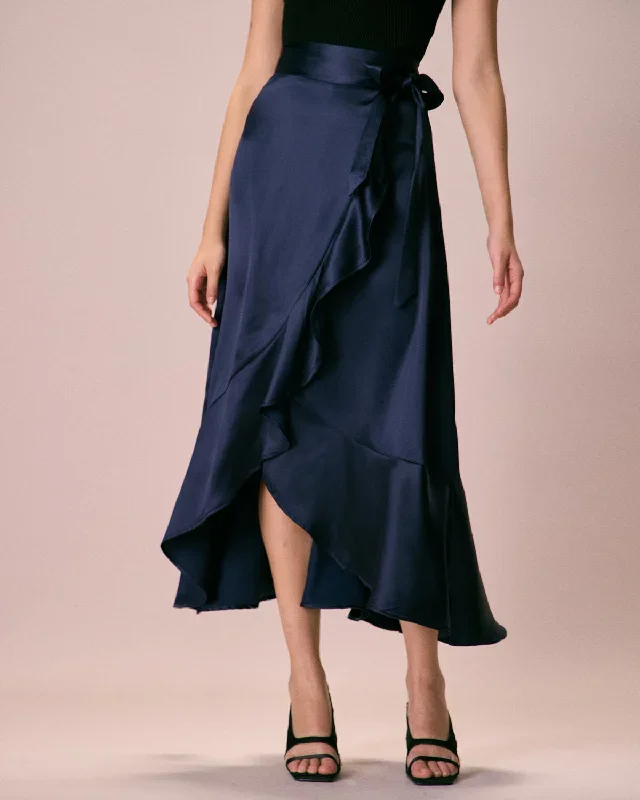 The Navy Drawstring Ruffle Satin Midi Skirt