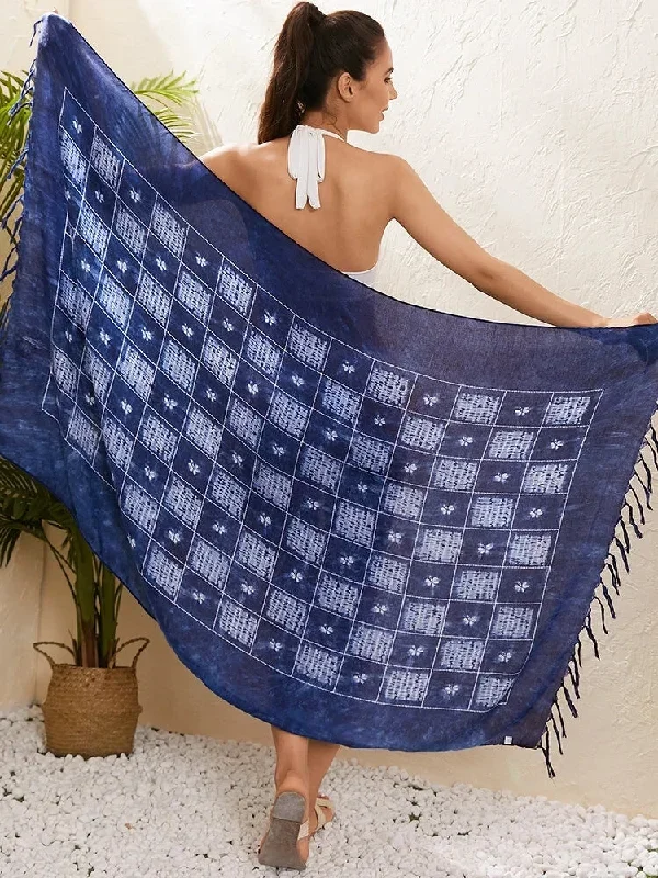 Tie Dye Blue Scarf Long Fringe Sarong Beach Towel