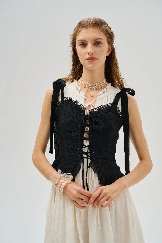 tie-front-linen-top-black-corset-vest-linen-top-cropped-vest-short-waistcoat-formal-vest-ladies-vest-linennaive