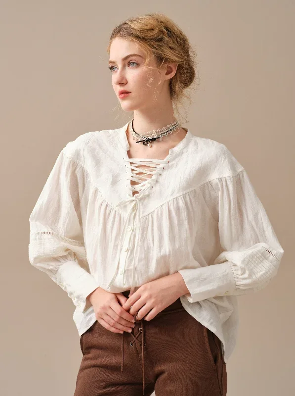 NERIA 21 | Lace up linen shirt blouse