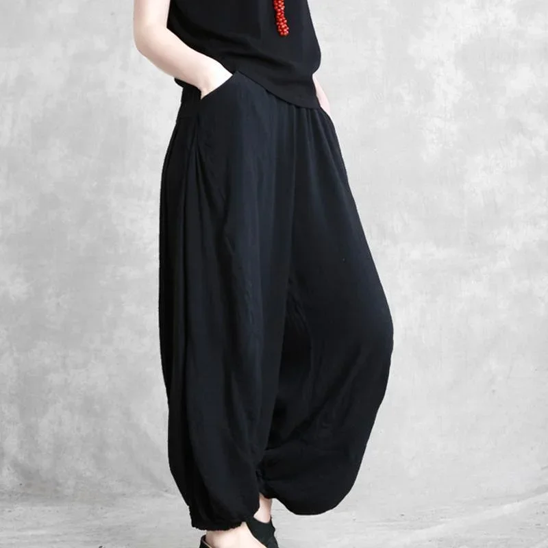 women black casual cotton linen autumn loose draping wid leg pants