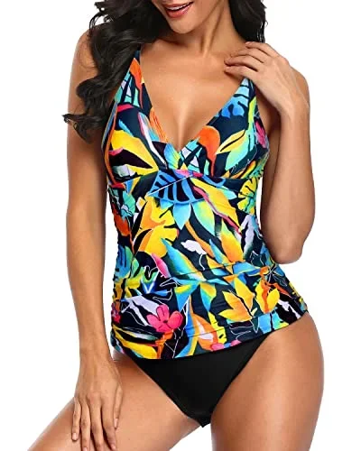 Two Piece Tummy Control Tankini Swimsuits For Women-Black Floral Leaves