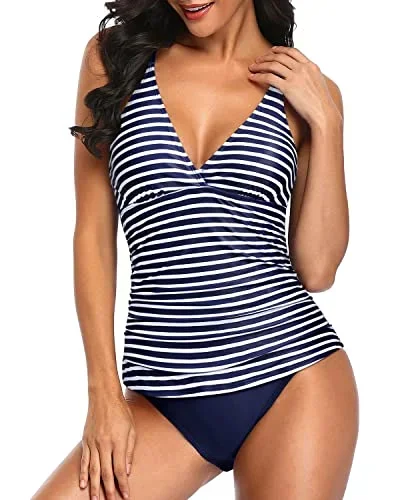 Two Piece Slimming And Flattering Bathing Suits For Women-Blue And White Strip