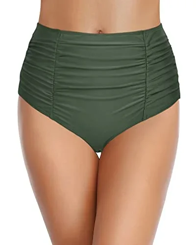 Full Coverage High Waisted Bikini Bottom For Tummy Control-Olive Green