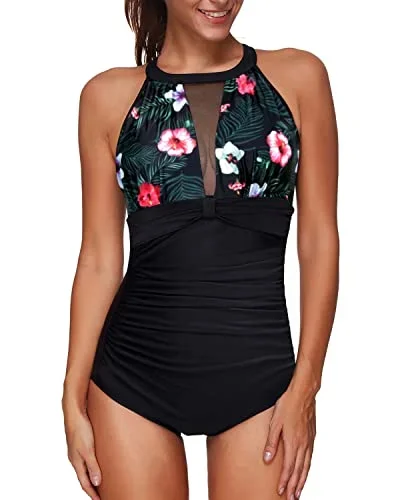 Ruched Tummy Control Halter High Neck Mesh One Piece Swimsuit-Black Floral