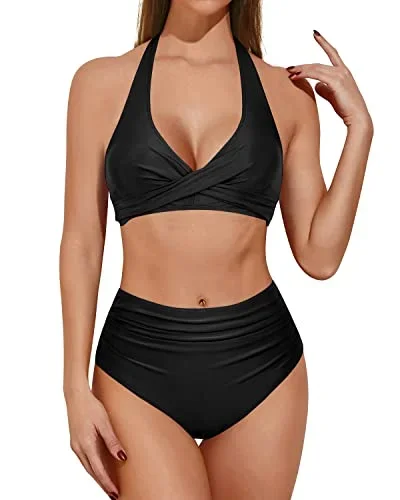 Vintage Halter Neck Swimsuit With High Rise Bottom For Curvy Ladies-Black