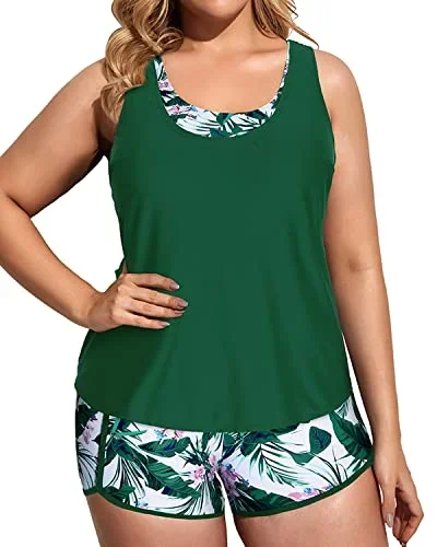 Plus Size Tankini Swimsuits With Push Up Bra And Boy Shorts-Green Floral