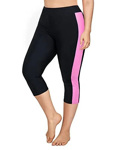 Plus Size Swim Capris Long Swim Shorts High Waisted Swim Pants-Black Pink